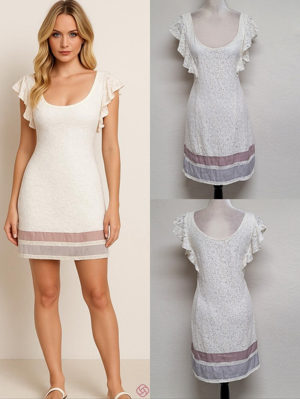 American Eagle Vintage Y2K Off-White Lace Ribbon Flutter Sleeve Mini Dress M